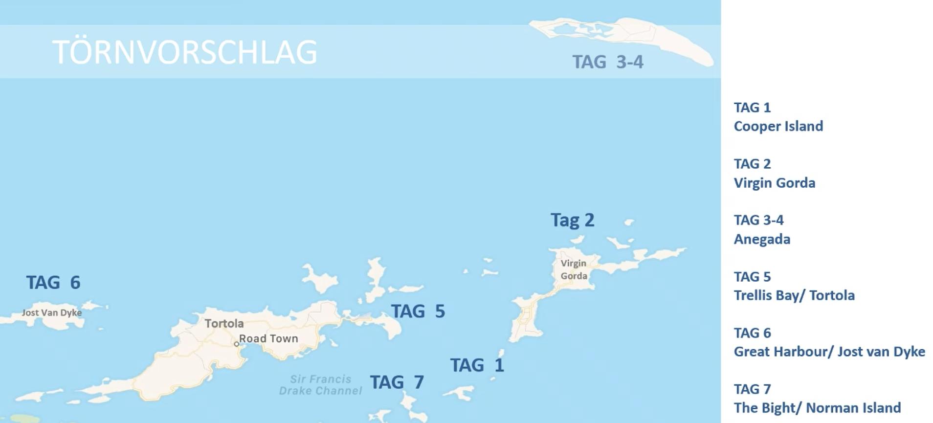 Karte der British Virgin Islands mit einem Törnvorschlag für Segler