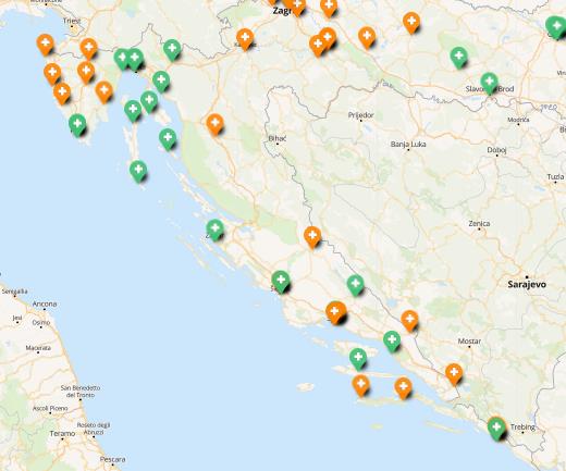 Testzentren in Kroatien für Segler auf einer Karte eingezeichnet.