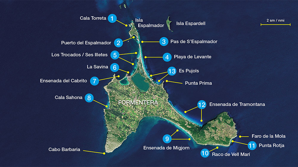 Karte mit Ankerplätzen auf Formentera - Balearen